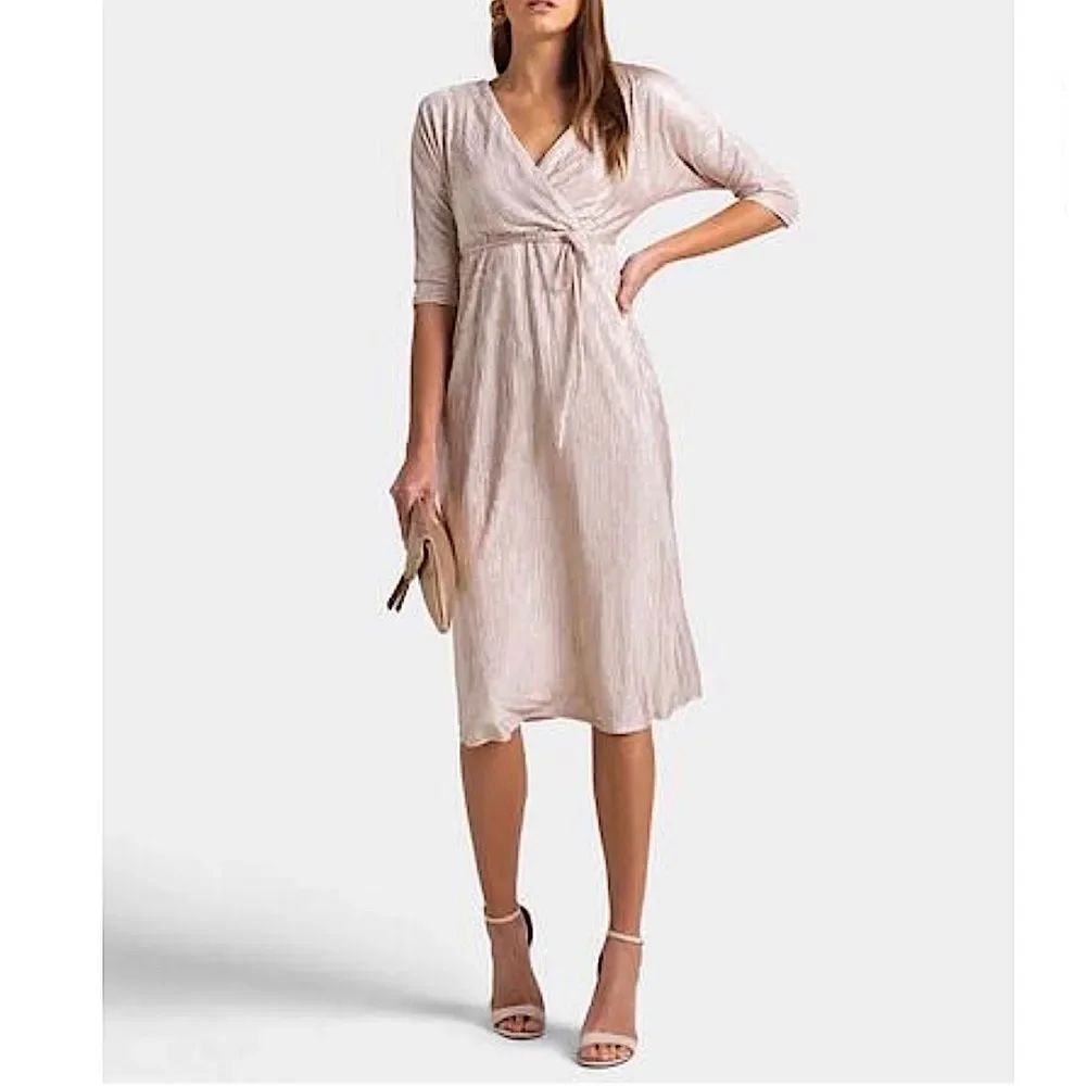 June & Hudson Pink Champagne Shimmer V-neck MIDI Dress